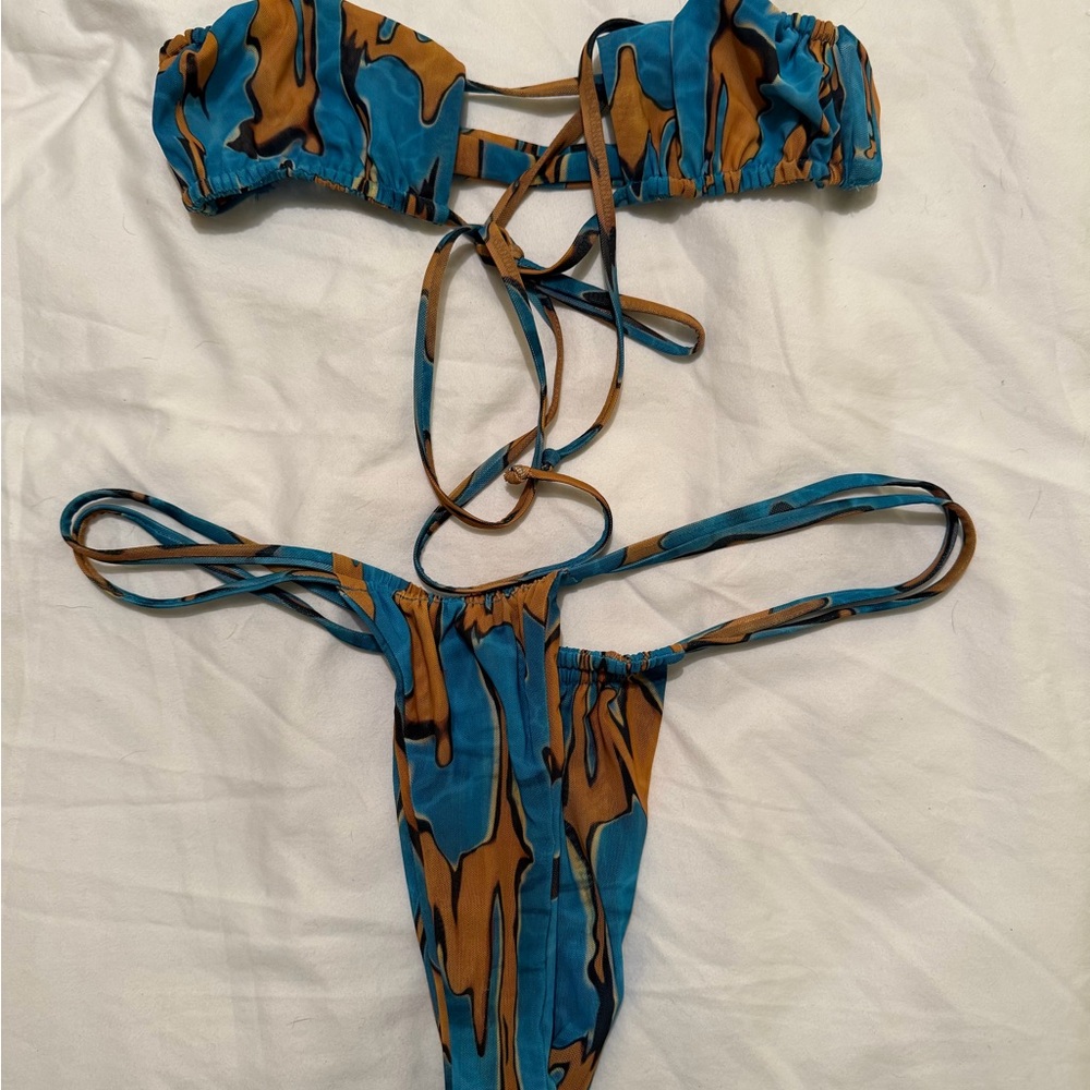 Gonza Strappy Two-Piece Bikini in Teal and Camel Abstract Print
